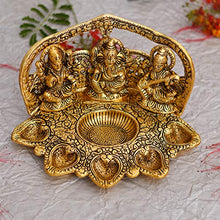 Load image into Gallery viewer, Collectible India Metal Laxmi Ganesh Saraswati Idol with Diya (Golden, 9 X 6 X 5 Inch) - Home Decor Lo