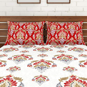 Spaces Atrium 144 TC 100% Cotton Queen Size Double Bedsheet with 2 Pillow Covers (Ornate, 88" X 100" Inches) - Poppy Red - Home Decor Lo