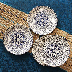 THEARTISANEMPORIUM Mermaid Tales Hand-Painted Ceramic Dinner Set of 6 Dinner Plates and 6 Katori Serving Bowls (12 Piece, Serving for 6, White and Indigo, Microwave Safe)
