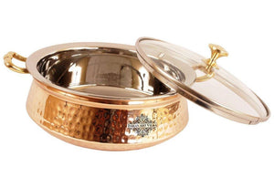 Indian Art Villa Hammered Steel Copper Casserole Donga With Glass Lid, Tableware & Serveware, 1250 Ml - Home Decor Lo