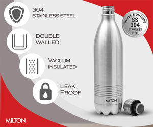 Milton Thermosteel Duo Deluxe-1000 Bottle Style Vacuum Flask, 1 Litre, Silver - Home Decor Lo