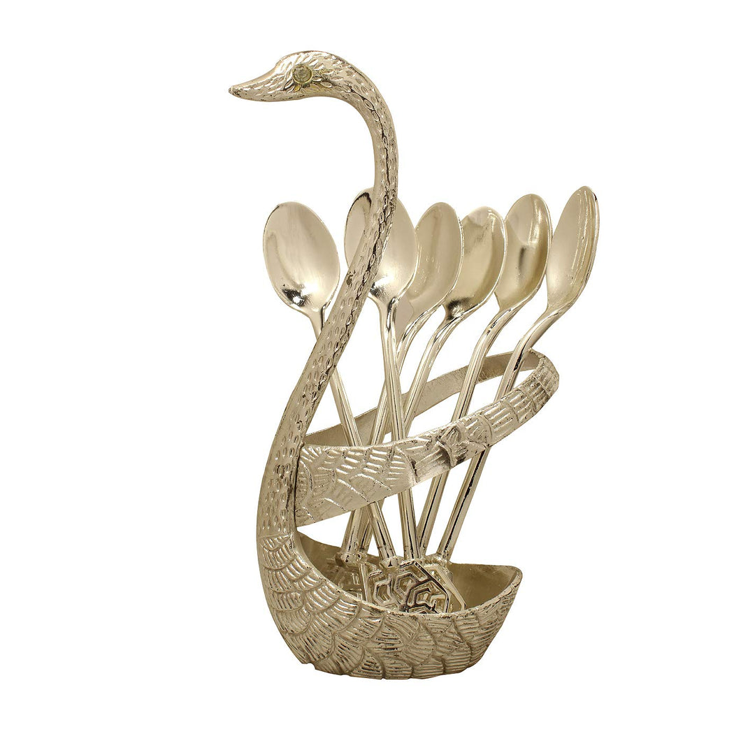 Rockshok Metal Swan Dessert Spoon Holder Duck Shaped Stand Decorative Dinning Table Item with 6 Spoons (8 X 5 X 17 cm, Silver) - Home Decor Lo