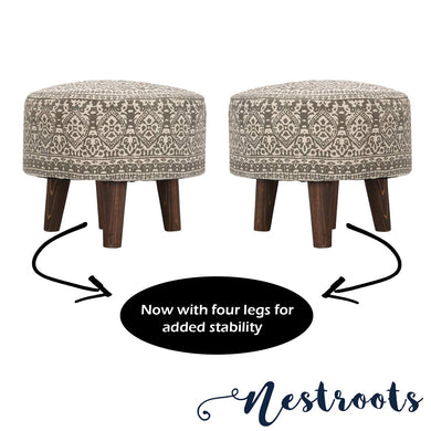 Nestroots Printed Ottoman Cushion Footrest Stool Pouf - 4 Wooden Legs Added Stability (Off-White Printed, Set of 2)-Home Decor Lo