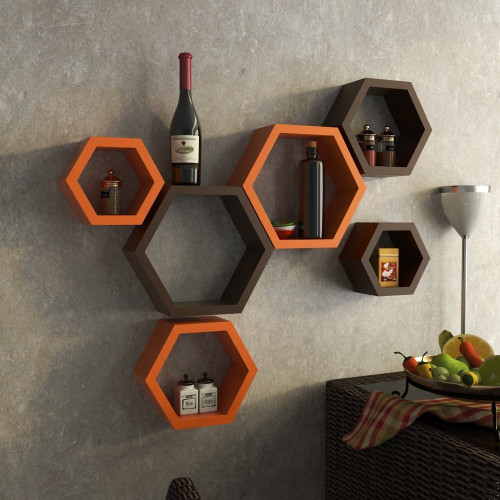 Onlineshoppee Hexagon Designer Storage Shelf, Set of 6 (Orange and Brown) - Home Decor Lo