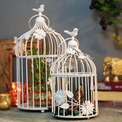 GIG Handicrafts Bird Cage with Floral Vine(White)-Set of 2 - Home Decor Lo
