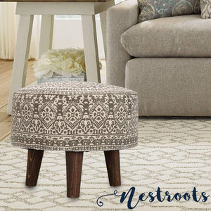 Nestroots Printed Ottoman Cushion Footrest Stool Pouf - 4 Wooden Legs Added Stability (Off-White Printed, Set of 2)-Home Decor Lo