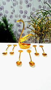The Artsy Planet Stainless Steel Golden Polished Flatware Swan Base Holder, with 6 Spoons (Gold) - Home Decor Lo