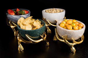 NikkisPride Marble DryFruit Bowl with Brass Stand Cocktails Party Decor Beige and Golden Diwali Gift - Home Decor Lo