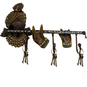 Shri Krishna 3 Hook Key Holder With Flute, Wall Hanging Key Stand for Home Decor