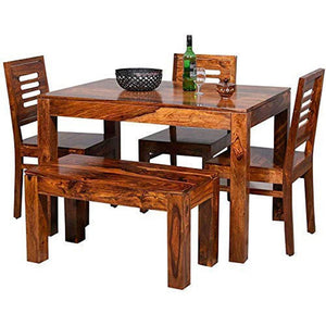 Solid Sheesham Wood Dining Table Set with 3 Chairs and 1 Bench | Honey Teak Brown - Home Decor Lo